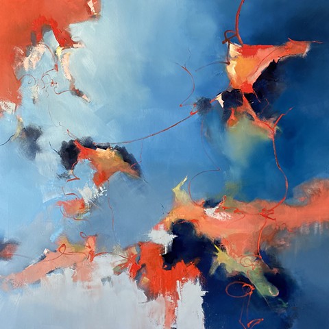 abstract oil painting of blue sky with red and orange splashes by Judy Mcsween