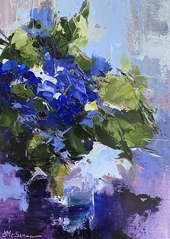 Blue violet abstract floral painting by Judy McSween