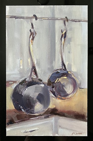 painting still life of hanging kitchen saucepans by Judy Mcsween