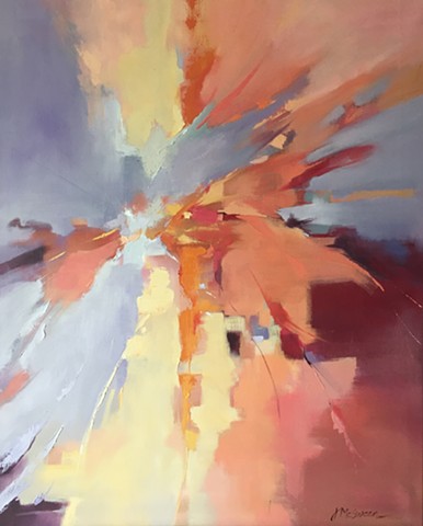 Abstract painting of coral gray and yellow sunburst by Judy McSween