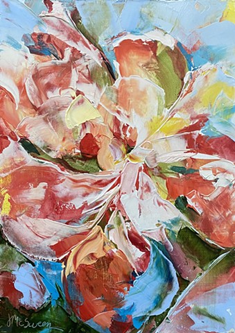 A predominantly red floral abstract palette knife painting with visible texture by Judy McSween