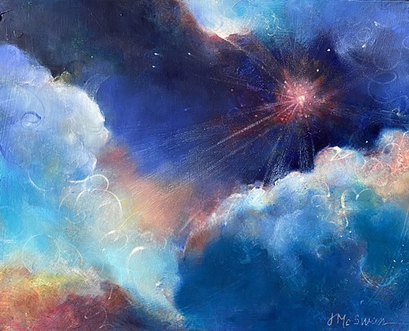 Painting of night sky with distant red stars shining through clouds by Judy McSween