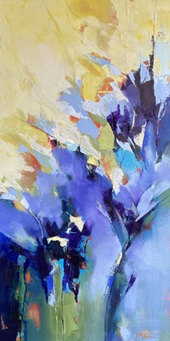 Abstract floral oil painting in blue violet and yellow by Judy McSween