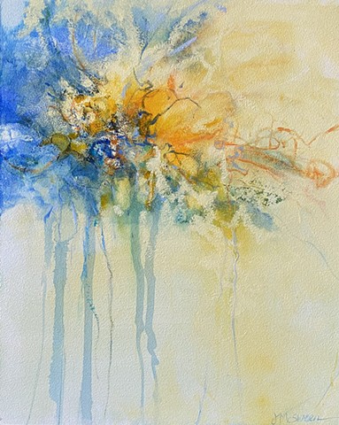Abstract painting in blue and gold suggestive of floral blooms or fireworks by Judy McSween
