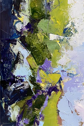 Abstract palette knife oil painting in violet, green and soft blue gray by JUDY MCSWEEN