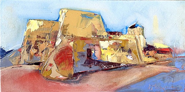 painting of New Mexico adobe church by Judy McSween
