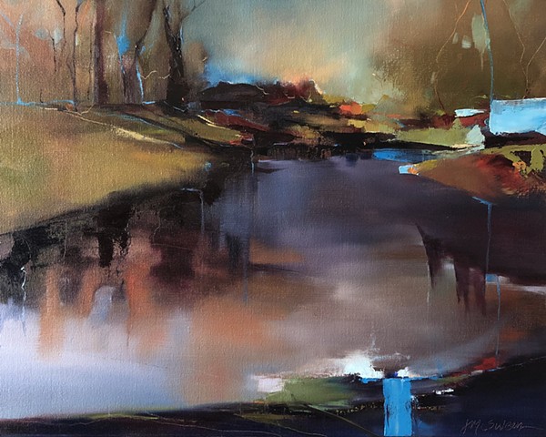painting of tree lined pond in autumn by Judy McSween