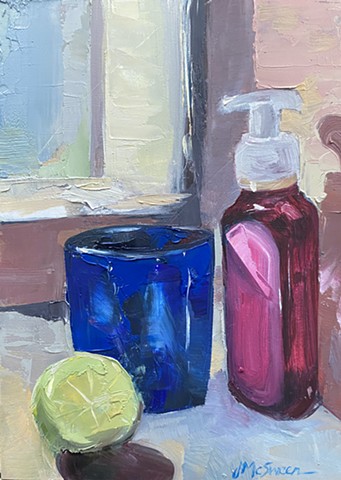 Painting of Still life with blue glass, lime and clove hand soap by Judy Mcsween