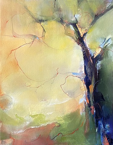 Painting of blue violet tree form amid coral sky and sage ground by Judy McSween