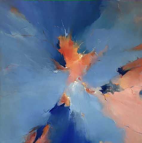 abstract painting of blue sky with coral and  pink cloud explosions by Judy Mcsween
