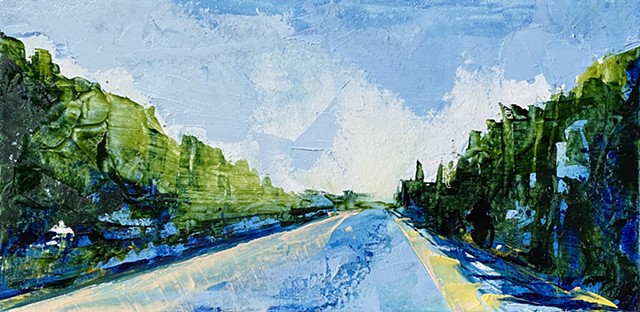 painting of green tree lined road by Judy Mcsween