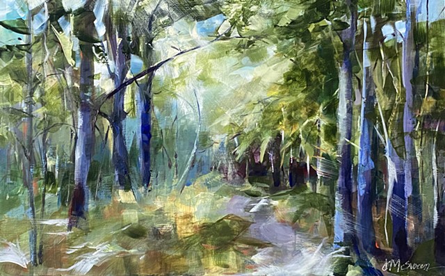 Acrylic plein air forest landscape painting by Judy McSween
