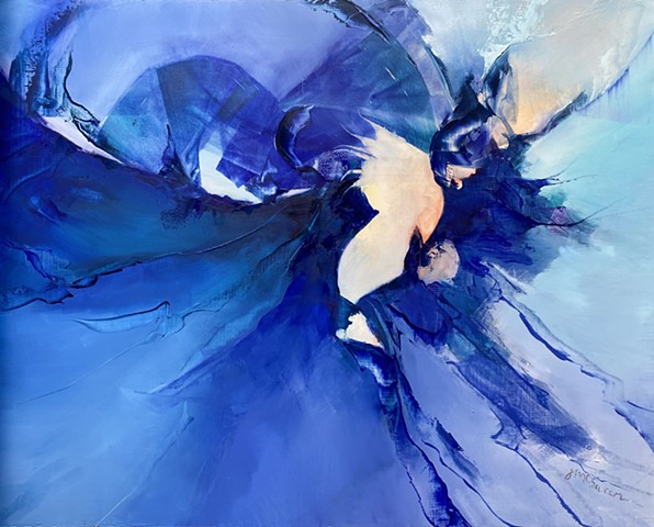 Abstract blue violet oil on aluminum painting by Judy McSween "Transported" show at Dare Gallery, March 2023