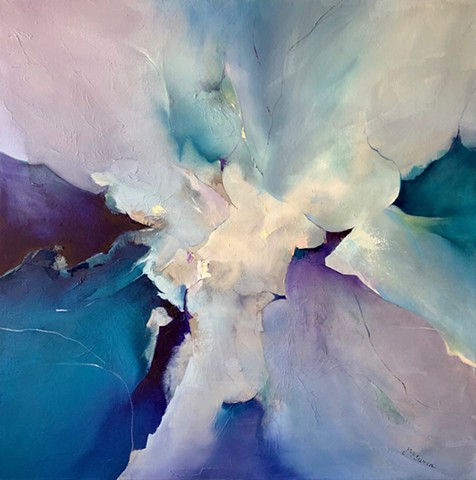 Abstract Turquoise lavender and blue cloud like oil painting on 36" square canvas