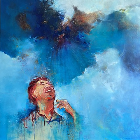 Oil painting with figure staring up into space by Judy McSween