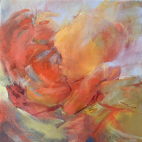 abstract red and green oil painting of an embrace by Judy McSween
