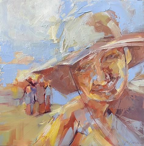 figure in beach hat oil painting by Judy McSween