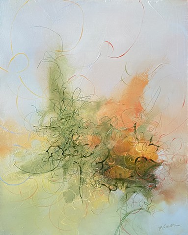 Abstract painting in green, orange and soft blue with partially visible distant structure by Judy McSween