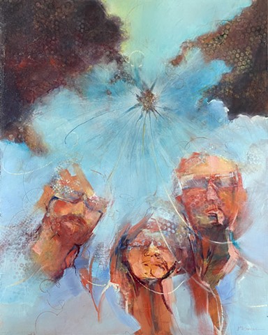 Oil painting of three sunglass clad figures looking up into the parting clouds by Judy McSween