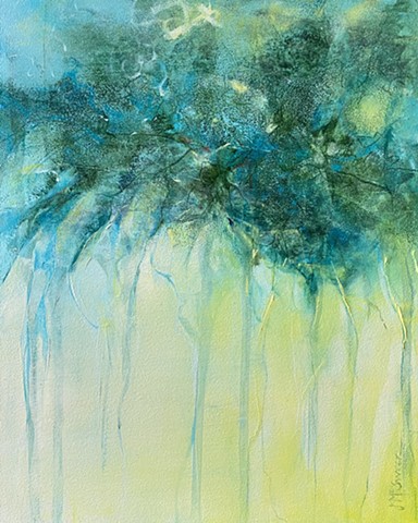 Abstract oil painting in green and turquoise spilling onto a yellow ground by Judy McSween