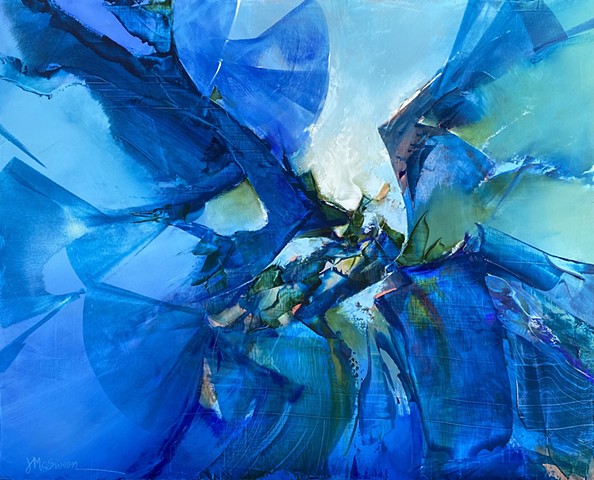Abstract blue green oil on aluminum painting by Judy McSween "Transported" show at Dare Gallery, March 2023