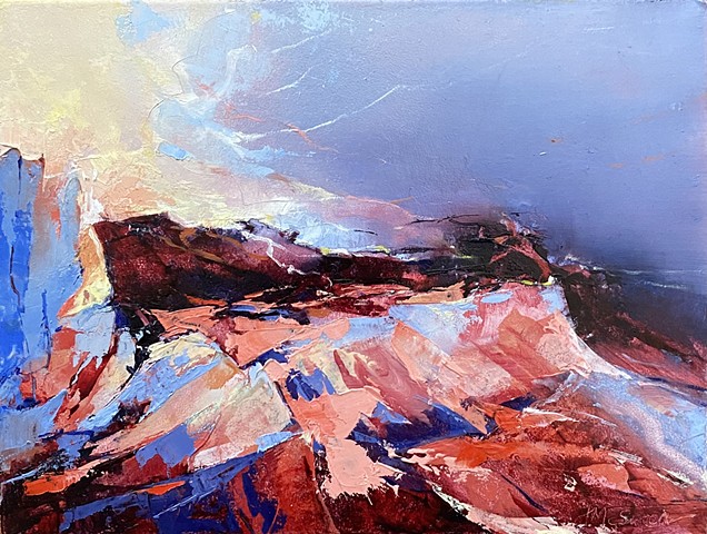An abstract oil painting inspired by a trip to the Grand Canyon in reds and blues with visible palette knife and brush marks by Judy McSween