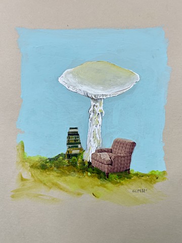 mushroom, chair, books