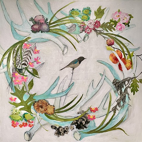 antler wreath, flowers, bird, apples, feathers