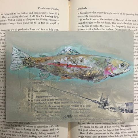 Rainbow Trout Fishing painting with fishing rod by Katherine Bell McClure KGPBMc
