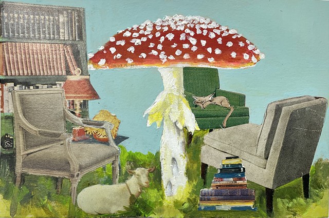 Goat, mushroom, bookshelves, chairs, books