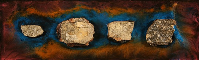 Mixed Media Relief (birch plywood, burnt culm ash, adhesive, epoxy resin, mica powders, acrylic paint) This piece represents the means (extreme heat and fire) by which burnt culm ash was produced. 