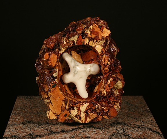 Second piece in mixed media Geode Series utilizing burnt anthracite culm ash and marble.