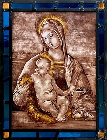 Madonna and Christ, Glass painting (after a drawing by Renaissance artist Rafael) 