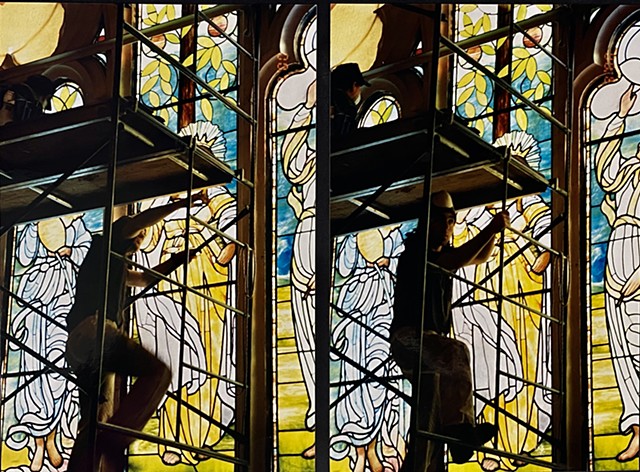 Installing the stained glass by Karl Heineke in Boston Massachusetts, w/ Serpentino Studios