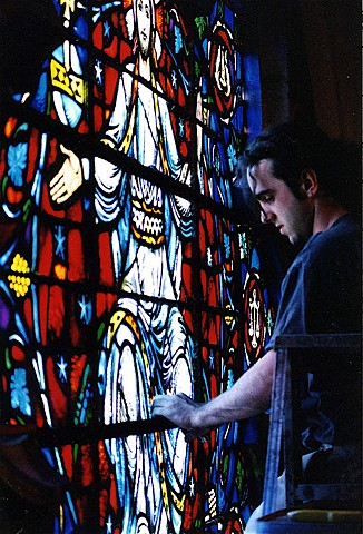 restoring the Rose window by Charles Connick, at Boston University Marsh chapel, Boston MA
(w/ Burnham & LaRoche Studios)
(photo by Kevin Ryan)