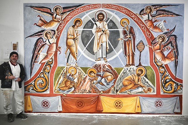 The mural of the icon of The Transfiguration, to be i stalled behind the altar at Our Lady of Fatima Russian Byzantine Catholic Church, San Francisco, CA