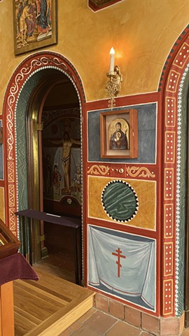 all decorative finishes and geometric patterning on walls of chapel