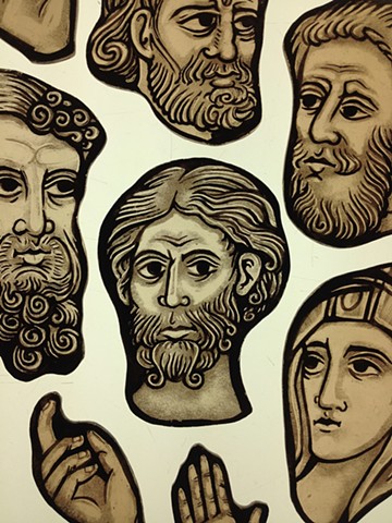detail of Canterbury Pilgrim heads (executed for Sunlites Stained-Glassworks, NY)