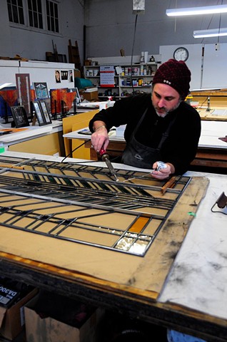 Construction of a custom leaded glass work for Arthur Stern Studios