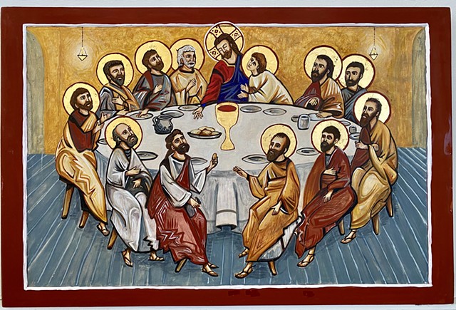 Done in the style of the Cappadocian Dark Church frescoes as a practice piece, but executed in traditional media after a Russian composition. In collection of artist.