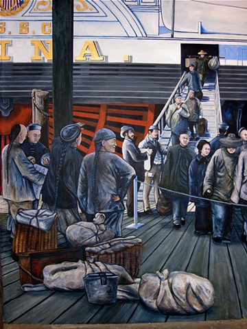 hand painted and designed mural
'The Arrival of Chinese Immigrants into San Francisco,1890)
for National Park Service,
San Francisco Maritime National Historic Park, 
Visitor Center II, San Francisco CA