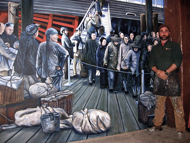 hand painted and designed mural
'The Arrival of Chinese Immigrants into San Francisco,1890)
for National Park Service,
San Francisco Maritime National Historic Park, 
Visitor Center II, San Francisco CA