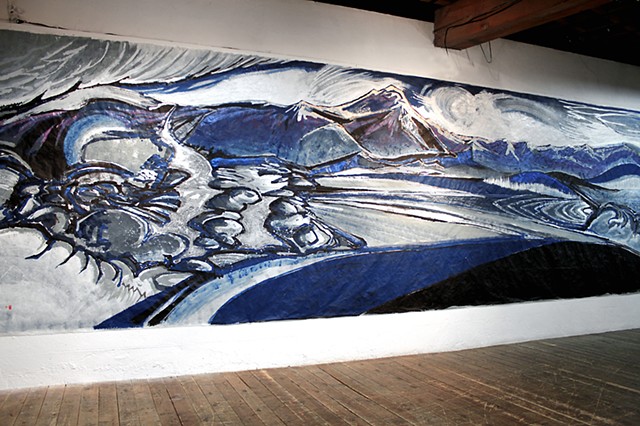 ‘ELYSEUM PASS’  This mural was executed for an exhibit at a gallery in San Francisco. The medium is acrylic on synthetic paper, and measures 10 ft. tall by 25 ft. long. The title refers to the ‘Elyseum’ an ancient word for the heavens or cosmos. The ‘pass