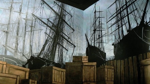 'The Forest of Masts'
designed handpainted mural backdrop for National Park Service,
San Francisco Maritime National Historic Park, 
Visitor Center II, San Francisco CA