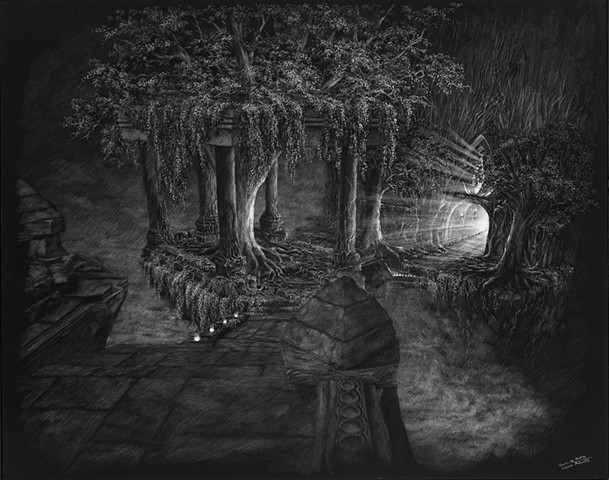 Hanging gardens, mythical places, black and white landscape, mystical forest