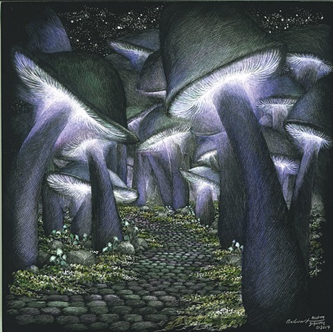 Glowing mushrooms, forest path