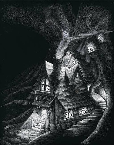 fantasy forest leprechaun gnome house cottage stairs black and white scratchboard tree treehouse