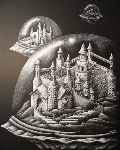 fantasy floating castle bubble stairs black and white scratchboard 
