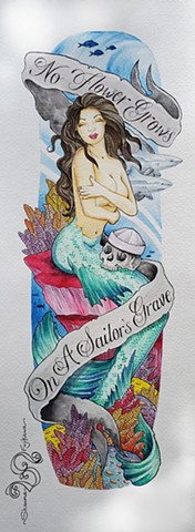 All Rights Reserved By Shauna Fujikawa Hope Tattoos & Art- No Flowers Grow On A Sailor's Grave watercolor painting