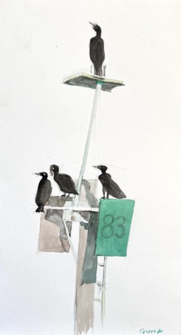 watercolor of cormorants on a icw marker, cynthia guild artist